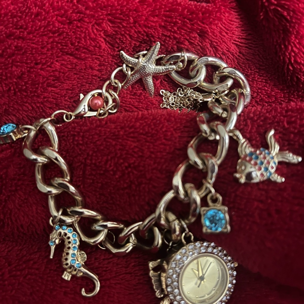Gold Bracelet with Sea Life Charms and Blue Accents